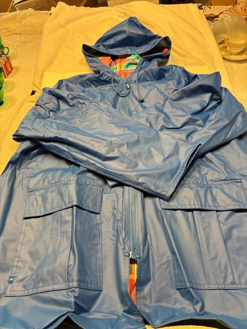 Mark, Fore & Strike Vintage Blue Hooded Raincoat with Plaid Lining